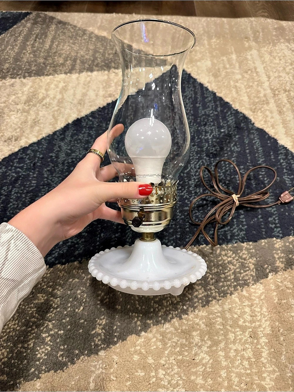 Milk Glass Table Lamp with Glass Chimney